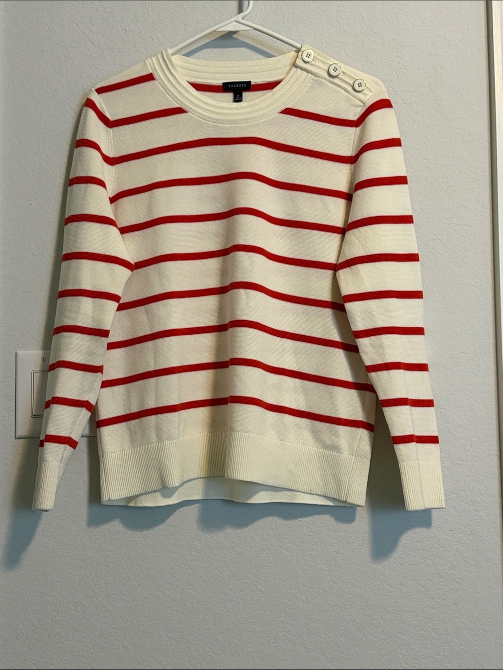 Talbots Cream and Red Striped Crewneck Sweater